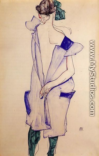 Standing Girl In A Blue Dress And Green Stockings  Back View - Egon Schiele
