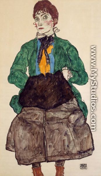 Woman In A Green Blouse And Muff - Egon Schiele