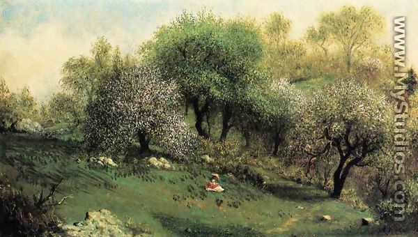 Girl On A Hillside  Apple Blossoms - Martin Johnson Heade