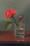 Red Rose And Bud In A Tumbler On A Shiny Table - Martin Johnson Heade