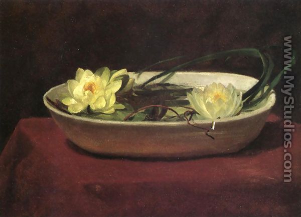 Water Lilies In A White Bowl   With Red Table Cover - John La Farge