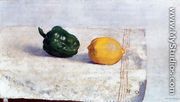 Pepper And Lemon On A White Tablecloth - Odilon Redon