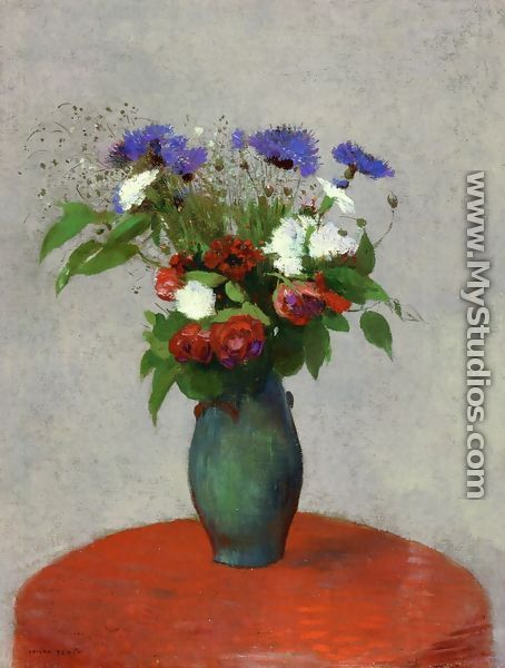 Vase Of Flowers On A Red Tablecloth - Odilon Redon