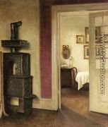 An Interior With A Stove And A View Into A Dining Room - Carl Wilhelm Holsoe