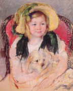 Sara With Her Dog  In An Armchair  Wearing A Bonnet With A Plum Ornament - Mary Cassatt