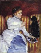 Woman On A Striped With A Dog Aka Young Woman On A Striped Sofa With Her Dog - Mary Cassatt