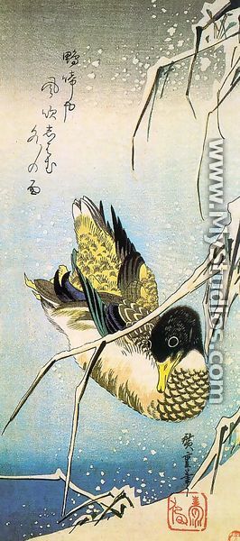 Reeds in the Snow with a Wild Duck - Utagawa or Ando Hiroshige