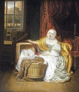 Mother with a Child in a Wicker Cradle - Samuel  Van Hoogstraten