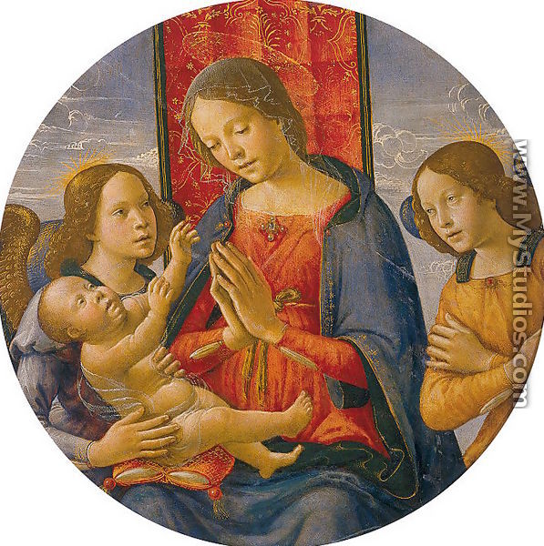 Virgin adorador a criança com dois anjos 1490 - Bastiano Mainardi