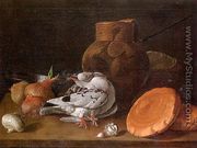 Still Life with Pigeons, Onions, Bread and Kitchen Utensils  1772 - Luis Eugenio Melendez