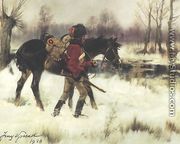 Hussar with a Horse in a Winter Landscape - Jerzy Kossak