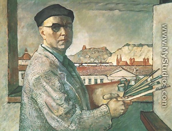 Self-Portrait on the Background of Vilnius - Ludomir Slendzinski