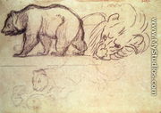 A bear walking, the head of a lion and a leopard attacking an animal - Antoine-louis Barye