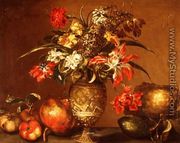 Tulips, a carnation and other flowers in a silver gilt vase with fruit on a ledge - Andrea Belvedere