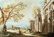 A Shepherd with Goats and other Figures amongst Classical Ruins (early 18th) - Bolognese School