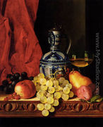 Still Life With Grapes, A Peach, Plums And A Pear On A Table With A Wine Glass And A Flask - Edward Ladell