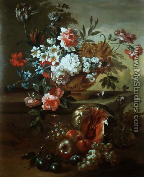 Still life of flowers in an urn with fruit - Pauwel Casteels