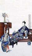 Lady Reclining with a Servant Playing a Musical Instrument - Chinese School