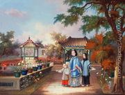 A mother with her children in a chinese garden, c.1850 - Chinese School