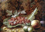 Still life of raspberries, gooseberries, peach and plums on a mossy bank - Oliver Clare