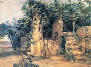 A Vine-Covered Terrace with a Well and a View of the Sea - Johann Baptist  Kirner