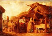 A farmer and his wife with cows, donkeys and animals by a barn in a farmyard - James Ward