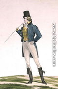 A Dandy in a Robinson hat, with childlike curls, knitted trousers, and riding boots, plate 5 in the Incroyable et merveilleuse series of fashion plates, engraved by Georges Jacques Gatine 1773-1831 published 1797 in Paris - Carle Vernet