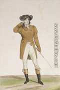 A Dandy dressed in a boat-shaped hat, a dun-coloured jacket and buckskin breeches, plate 1 from the Incroyable et merveilleuses series of fashion plates, engraved by Georges Jacques Gatine 1773-1831 published 1797 in Paris - Carle Vernet