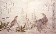 Pair of Quail and grasses on the right and a Skylark amid grasses on the left, from an album Birds compared in Humorous Songs, 1791 - Kitagawa Utamaro