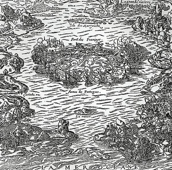 The capture of the Fort of Villegagnon from La Cosmographie universelle by Andre Thevet, c.1560 - Andre Thevet