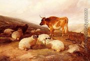 Rams And A Bull In A Highland Landscape - Thomas Sidney Cooper